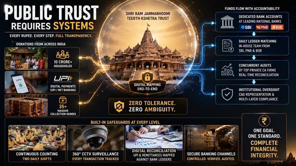 HemanNamo's tweet photo. 7/ With 10 Crore+ households donating across 5 Lakh villages, financial transparency had to be ironclad. Domestic political opponents sat ready to weaponize the slightest accounting variance. Every single rupee had to be digitally mapped to defuse narrative warfare. https://t.co/Inuw4PsKBH