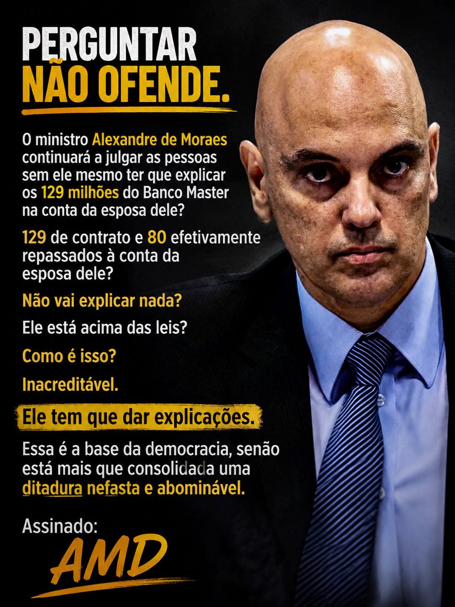 amdanon's tweet photo. Perguntar não ofende!!!

O ministro Alexandre de Moraes TEM A OBRIGAÇÃO de responder!

Ele é um SERVIDOR PÚBLICO. Como o nome diz: tem o dever de SERVIR e não mandar como um ditador!

@STF_oficial https://t.co/EORYXEwExV