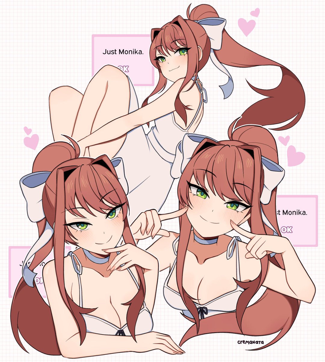 CoffeeCake_Mon's tweet photo. 'Something cute' left quite a few options to wear, simply choosing a set of lingerie under a white sundress.

By the time her other self arrived Monika was laid on the bed, a series of fun toys laid out around herself. https://t.co/pijpbysa9T