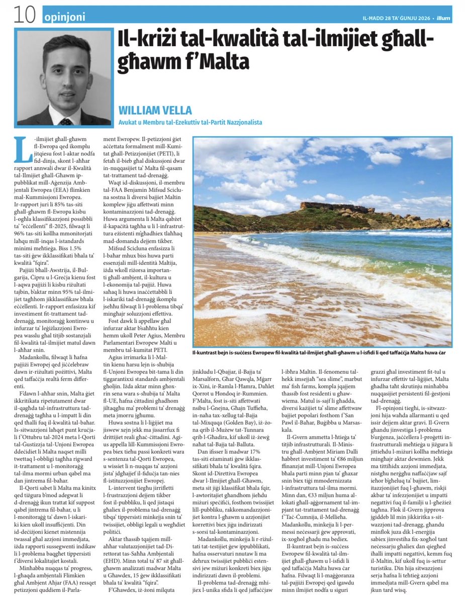 william_vella's tweet photo. My article in this morning’s edition of the LLUM newspaper on the crisis surrounding the quality of Malta’s bathing waters. 🇲🇹💧🌊 https://t.co/2LvjlFrHjs