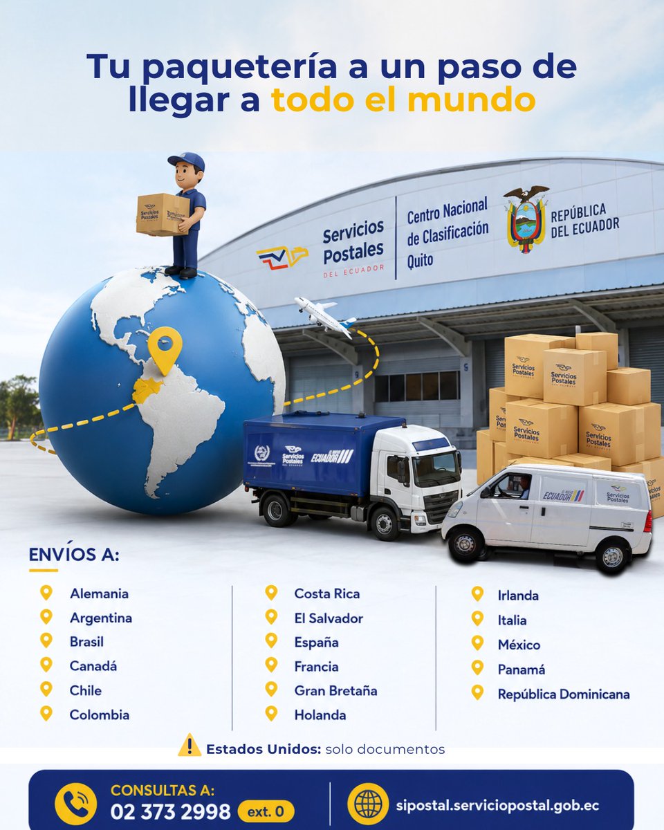 ServPostalEc's tweet photo. ¡Llegamos a 1️⃣ 8️⃣ destinos!

Envía ✈️ tu paquetería de forma segura, rápida y confiable con #SPE.

👉 Acércate a nuestras agencias en #Quito y #Guayaquil o contáctanos para más información.

¡Estamos listos para llevar tus envíos al mundo 🌍! https://t.co/yhGNPRuq4h
