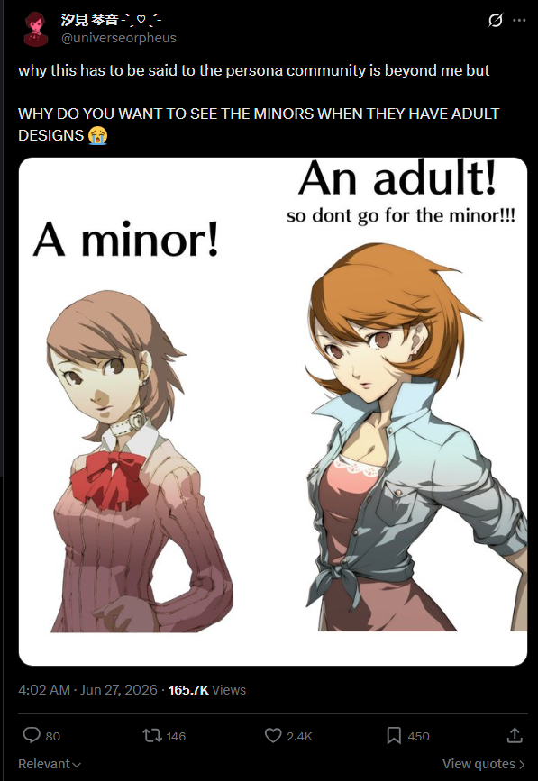 Scratch_Point_Z's tweet photo. Persona is one of many Japanese series that have attracted a subset of Western "fans" that don't actually seem to like anything about it beyond a surface level. 

They don't care about faithful translations, they want censorship that suits their fragile sensibilities, & are somehow under the delusion that they actually love Japanese media while having no respect for the people & culture that create it.

Japanese creators need to realize caring about "global appeal" is a mistake & simply create as they see fit without caving to this type of nonsense.

Japanese media is appealing in part due to its differences, not in spite of them.