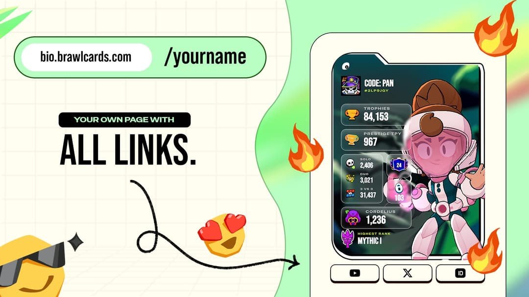 BrawlCardsHQ's tweet photo. Brawl Stars Content Creators, stop using boring link pages.

Showcase your socials and your Brawl Stars profile with one customizable link.

✨ Auto-updating stats
🎮 Custom brawler &amp; background
🔗 All your links in one place 

And it's FREE!

Read More... 👇 https://t.co/2rtDNOrxZR