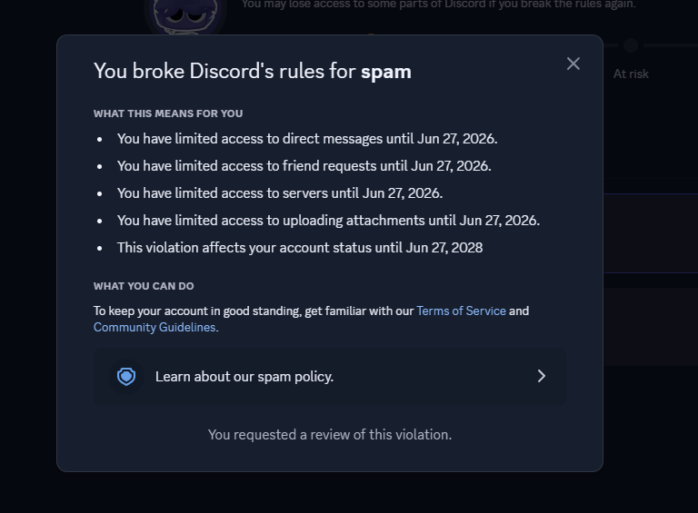 seremcc's tweet photo. @discord_support hey, my account got limited for spam because i sent a few friend requests to people... PLEASE look into this because i dont wanna have a "spammer" discord account :d https://t.co/YVtBMlqL35
