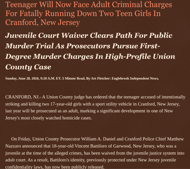 ArtFletcher9's tweet photo. Teenager Will Now Face Adult Criminal Charges For Fatally Running Down Two Teen Girls In Cranford, New Jersey https://t.co/eCtxYGCTHq via @Englebrooknews #NewJersey #CrimeNews #UPDATE #UnionCountyNJ #CranfordNJ #Double #Homicide #GarwoodNJ #Juvenile #Charges #Upgraded @HRG_Media @LodiNJNews @fordmb1 @SarahGeving1 @Shannon96574094 @DanCook26214426 @Daytobehappy @janninereid1 @gator4kb18 @TrumpWasRite2 @KathyKbrose @RobGerundo @JimBobW49