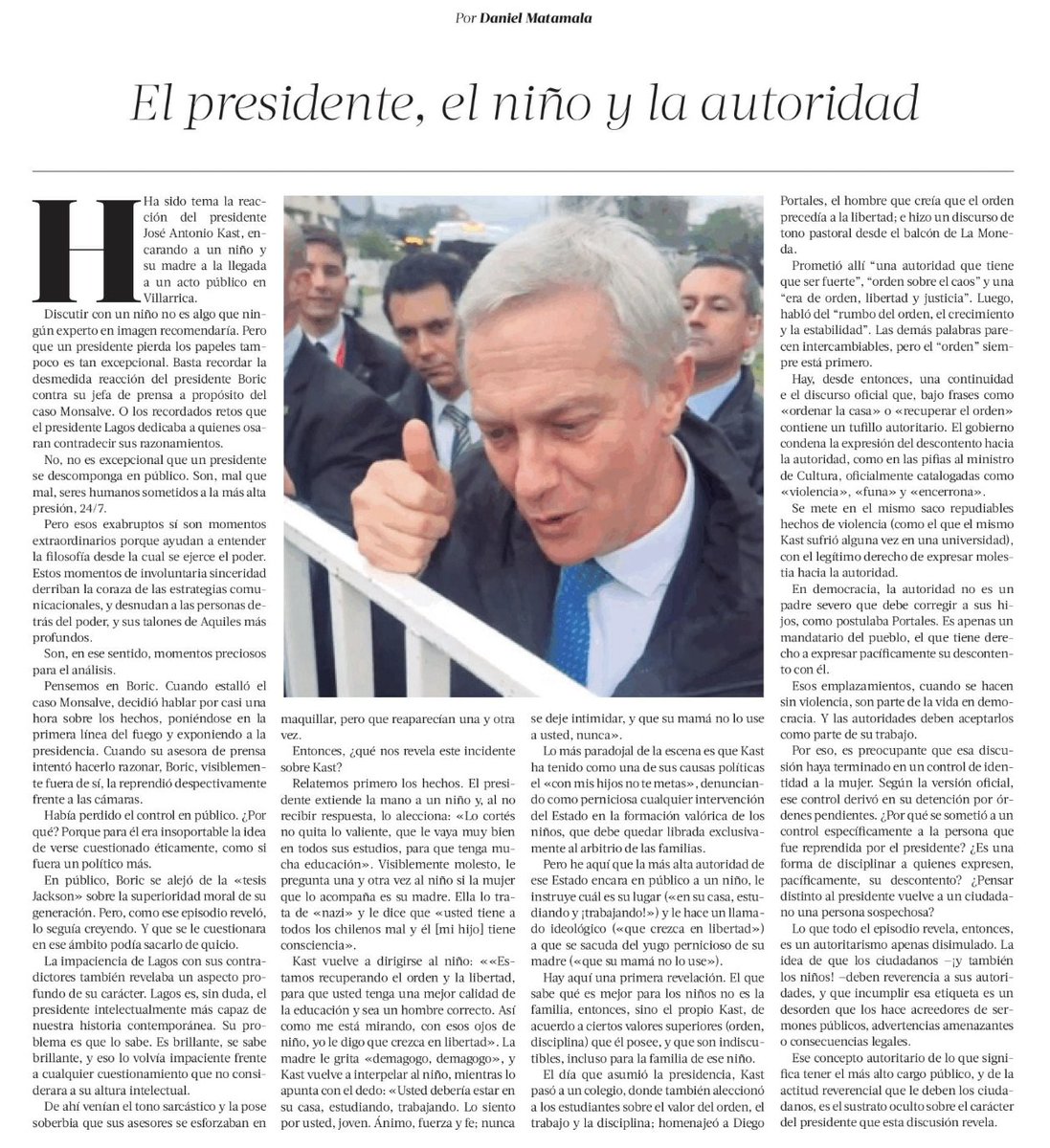 osses's tweet photo. El Presidente ha caído en la noche oscura de su mandato. Un incidente público con un niño, en apariencia superable, se ha convertido con el paso de las horas en una radiografía escalofriante de su personalidad privada.
Los columnistas Peña y Matamala lo abordan en profundidad hoy https://t.co/puppWYpo5p