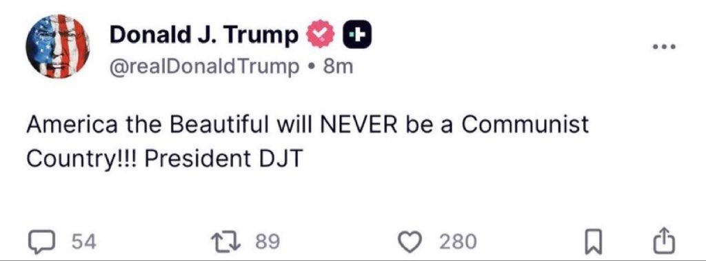 17thlatter's tweet photo. BREAKING: At 2:38 AM President Trump just made a PROMISE to the American people:

“America the Beautiful will NEVER be a Communist Country”

AMEN 🙏 https://t.co/cbLf3lod2v