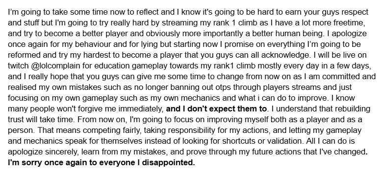 lolComplain's tweet photo. Regarding @assassadin doc about me. TLDR at the very top for those that want it but would really appreciate it if you can read it all. I'm still young so I made a lot of mistakes but im hoping to own up to it now. Once again, I am sorry for my actions https://t.co/CO49WzyFH9