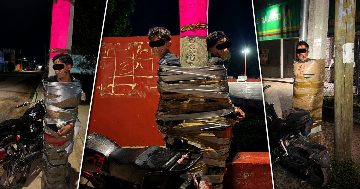 defense_civil25's tweet photo. 🚨Update: Citizen Vigilantes in Mexico are now capturing thieves and criminals across Mexico and duct-taping them to poles with notes that they were caught stealing bikes and motorcycles! 

Clearly the film has motivated the people of crime ridden Mexico to take action!! 

The citizen vigilantes are being called the Mexican ‘Batman!’
