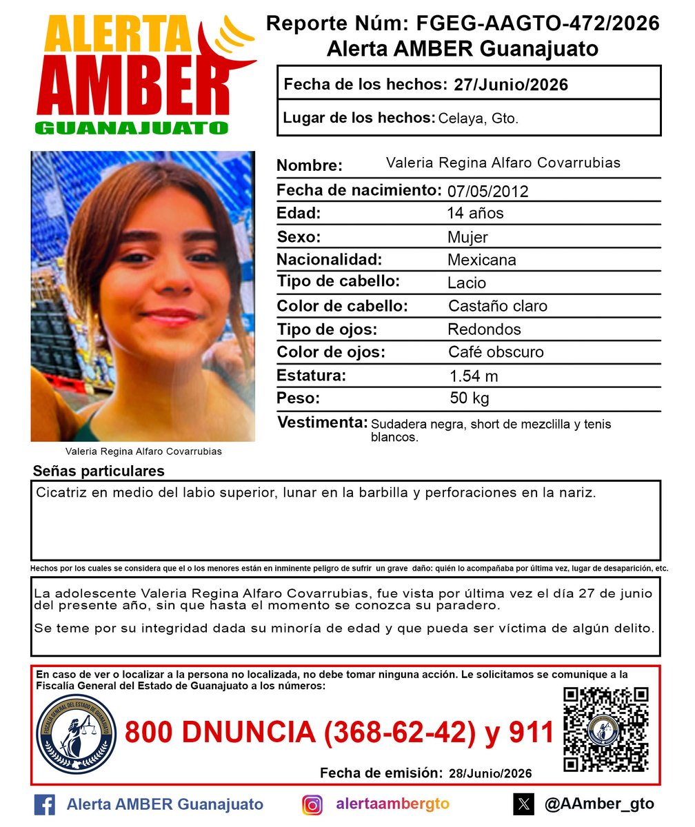 AAMBER_gto's tweet photo. Activación de la Alerta AMBER Guanajuato de la adolescente Valeria Regina Alfaro Covarrubias de 14 años, Celaya, Gto. ¡Ayúdanos a localizarla! https://t.co/XcONQtfOXs