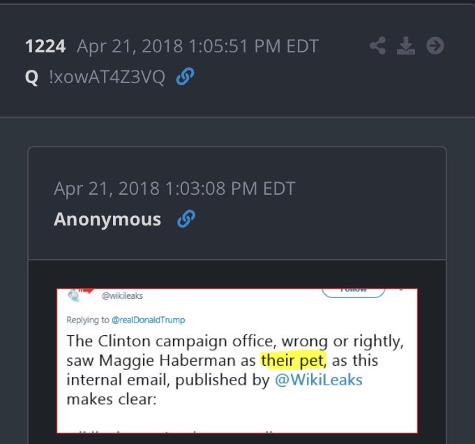 JoeLange's tweet photo. “Magot” Haberman!😆😆😂😂

She’s been Hillary’s “pet” for many years.

There’s a reason she’s willing to lie about Trump.

She’s one of many propaganda journalists that was on the payroll of Hillary and the CIA.

——————-
Q drop
1516
Jun 16, 2018 2:31:39 AM EDT

These reporters and networks have been named in the WikiLeaks to have colluded with the DNC or Hillary campaign during the 2016 election cycle:

NYT – MAGGIE Haberman
————

Wikileaks exposed a whole lot of crimes and connections.
There’s a lot that still hasn’t been exposed yet.

——————-
Q drop
2648
Jan 05, 2019 7:09:17 PM EST

https://t.co/uotK6YoU2U
"We have a very good relationship with MAGGIE Haberman of Politico over the last year. We have had her tee up stories for us before and have never been disappointed. While we should have a larger conversation in the near future about a broader strategy for reengaging the beat press that covers HRC, for this we think we can achieve our objective and do the most shaping by going to MAGGIE."
You are not safe.
Q
————-

She “knowingly” pushed lies and was part of the “conspiracy” to take down Trump.

“Magot” has a sealed indictment coming.

We have all the evidence of her involvement.
How she gets paid and who gives her the 4 am talking points.

—————-
Q drop
1221
Apr 21, 2018 12:56:16 PM EDT

Right on Q.
https://t.co/eRZZspbHCU
Hello MAGGIE.
Trust funds (3).
Deposits routed from EU.
Why are deposits ORIG from EU being transferred into [3] TRUST funds [children]?
How do you get your talking points?
Why do many DC journalists (yourself) use & replace 'burner phones' every week?
How do you pass the new number out?
Tweets are very important.
Do you feel safe?
Q
————

Why would Q say this?

“Tweets are very important?”

——————-
Q drop
1222
Apr 21, 2018 1:01:36 PM EDT

Anonymous 
>>

Who does Haberman follow?
>>
Think public & private TWITTER accounts.
They all have them.
These people are stupid.
We have it all.
Q
————

There’s a reason why Elon described Twitter as a “crime scene” when he bought it.

WE HAVE IT ALL!
