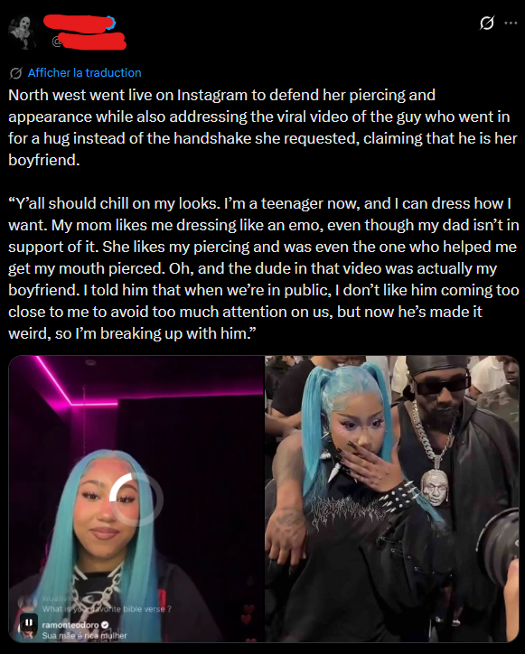 wifebyhusband's tweet photo. This is exactly what Ye tried to avoid.

For years, people mocked him and dismissed his concerns when he said he didn't want North growing up in the public spotlight. Now we're watching exactly why he was worried. Complete strangers are making up fake stories, fabricating quotes, inventing relationships, and using a teenager as engagement bait because they know it'll go viral.

Thousands of people will read these posts, assume they're true, and keep spreading them without questioning a single word. This is the reality of putting a child on the spotlight!!!! This is literraly engagement farming at the expense of a kid's privacy and safety.

Whether you agree with Ye or not, no child deserves to have lies fabricated about them just to generate engagement. Protecting a minor should always come before making them a public figure, and tbh it's disturbing how normalized this has become.
