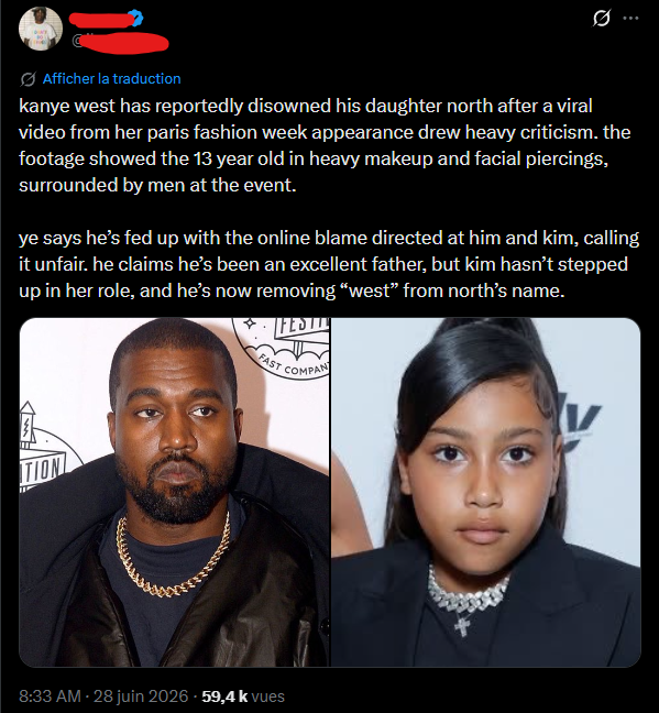 wifebyhusband's tweet photo. This is exactly what Ye tried to avoid.

For years, people mocked him and dismissed his concerns when he said he didn't want North growing up in the public spotlight. Now we're watching exactly why he was worried. Complete strangers are making up fake stories, fabricating quotes, inventing relationships, and using a teenager as engagement bait because they know it'll go viral.

Thousands of people will read these posts, assume they're true, and keep spreading them without questioning a single word. This is the reality of putting a child on the spotlight!!!! This is literraly engagement farming at the expense of a kid's privacy and safety.

Whether you agree with Ye or not, no child deserves to have lies fabricated about them just to generate engagement. Protecting a minor should always come before making them a public figure, and tbh it's disturbing how normalized this has become.