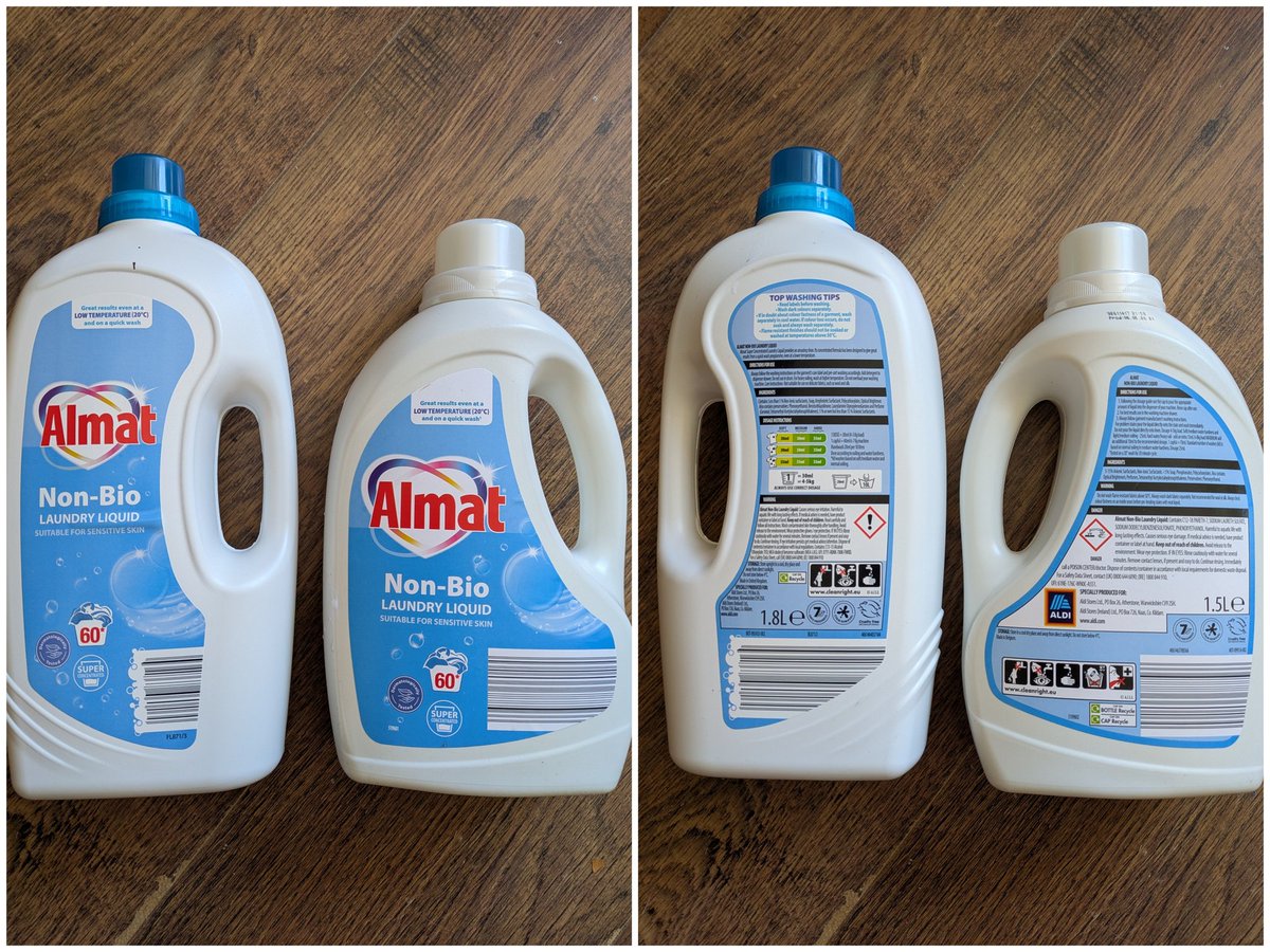 SusieProctor1's tweet photo. #shrinkflation Previous 1.8L bottle of laundry liquid, 60 washes £2.99 has now become 1.5L, 60 washes for the same price? Do you think customers won't notice @AldiUK? Or are you going to claim it's some magical new formula that works the same with 16.67% less in the bottle? 🧐🤔 https://t.co/154yQPoYDN