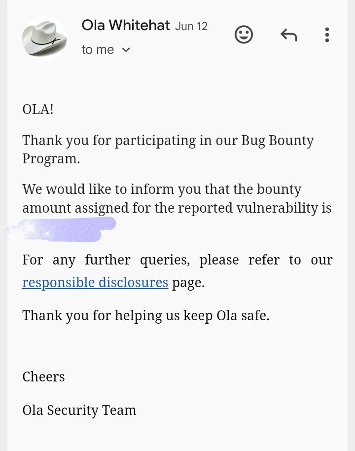 RiderSec60's tweet photo. Happy to secure Ola

Still learning 

It's behind many duplicates and NA

#bugbounty #ola #security #india https://t.co/dR33HygEZv