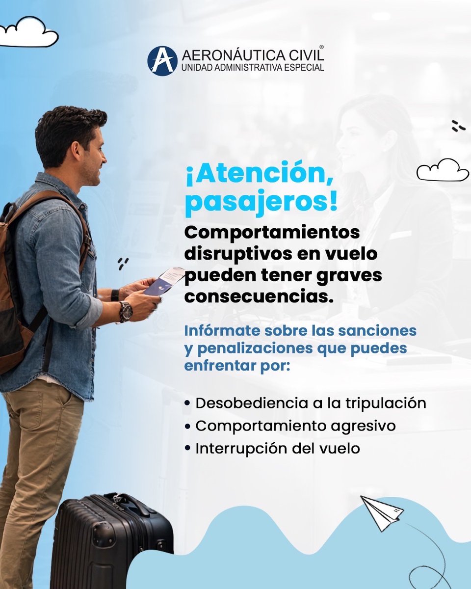 AerocivilCol's tweet photo. ¡Pilas con los comportamientos disruptivos en tu vuelo al #MundialDelFútbol! 🚨🛫️
Infórmate sobre las sanciones y penalizaciones que puedes enfrentar. #Aerotips https://t.co/0uXhwVA3vG