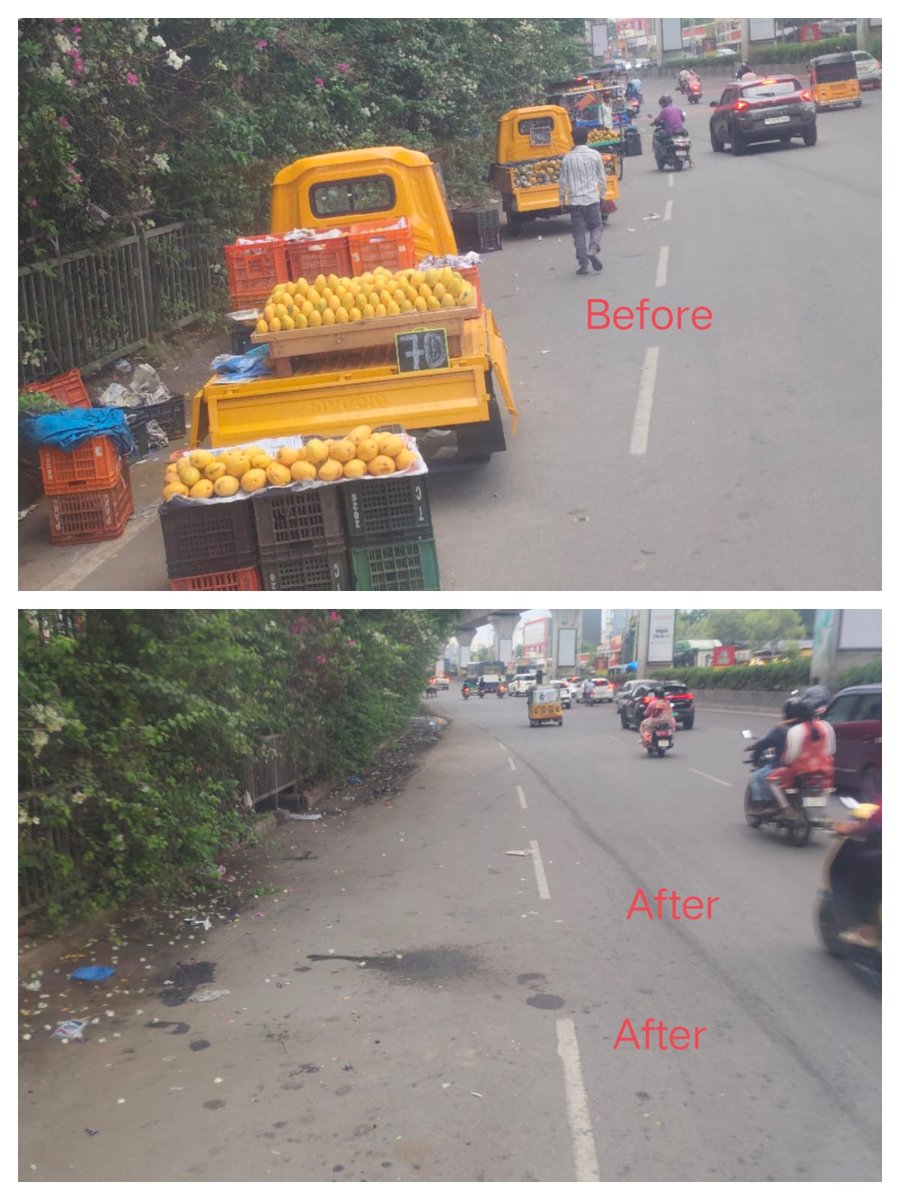 CYBTRAFFIC's tweet photo. 🚧 Traffic Enforcement Update – KPHB

Traffic personnel attended the complaint near Mahindra Showroom, Hydernagar and took immediate action against roadside encroachments.

✅ Roadside fruit vendors obstructing traffic movement on the KPHB stretch have been removed to facilitate smoother vehicular movement and enhance commuter safety.

Cyberabad Traffic Police remain committed to ensuring safe and hassle-free travel for all road users.

#CyberabadTraffic #TrafficUpdate #KPHB #Hydernagar #TrafficManagement #RoadSafety