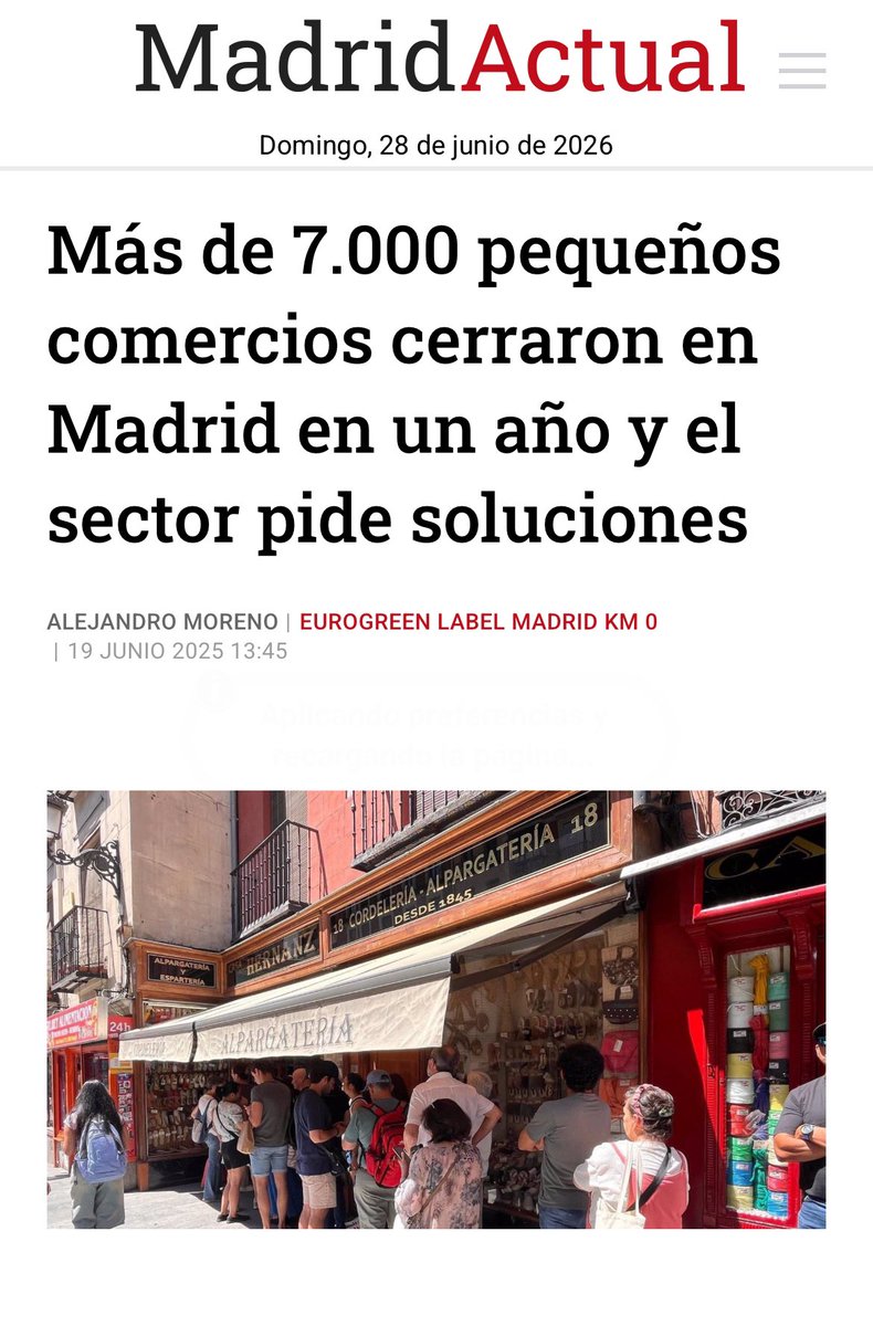 bronzeagemantis's tweet photo. Unfortunately true; story from 2025 more than 7000 local businesses closed in Madrid in the past year. Regulatory capture leads to replacement by large international stores than can sustain the burden. Turning into another airport “luxury” shopping mall.

https://t.co/rdiK6gHnbV https://t.co/SMPMkj54Px