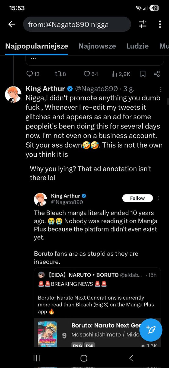 luxGrrr16's tweet photo. The problem is that King Arthur is not doing bleach fans any favors i’ve seen his replies, he says the n word and stuff like that i understand defending a series you're a fan of but i feel like he's giving bleach fans a bad reputation and i won't be surprised if he blocks me too https://t.co/UdIti0izn5