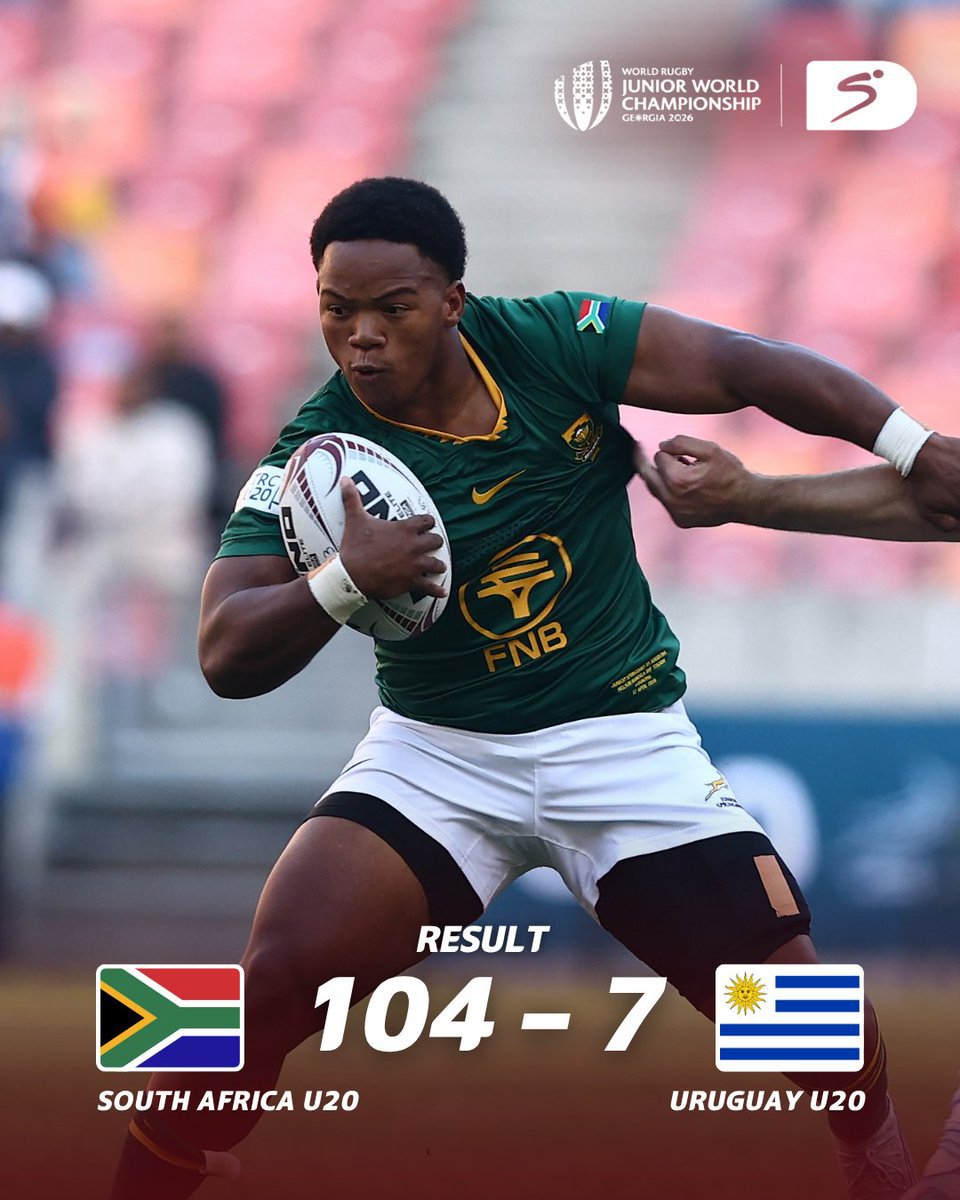 AfricaFirsts's tweet photo. 104–7! 😳🇿🇦

The Junior Boks of South Africa open their U20 Rugby World Championship title defence with a ruthless 104–7 victory over Uruguay. 🏆 https://t.co/puZCvqhYZH
