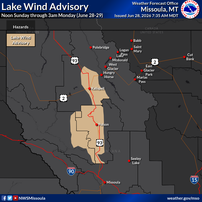 NWSMissoula's tweet photo. A lake wind advisory has been issued for #FlatheadLake from noon today (June 28) through 3am Monday.  South winds sustained 20 to 30 mph are anticipated with gusts approaching 35 mph. Dangerous conditions for small watercraft due to  choppy water #mtwx https://t.co/0e3iPsEkAR