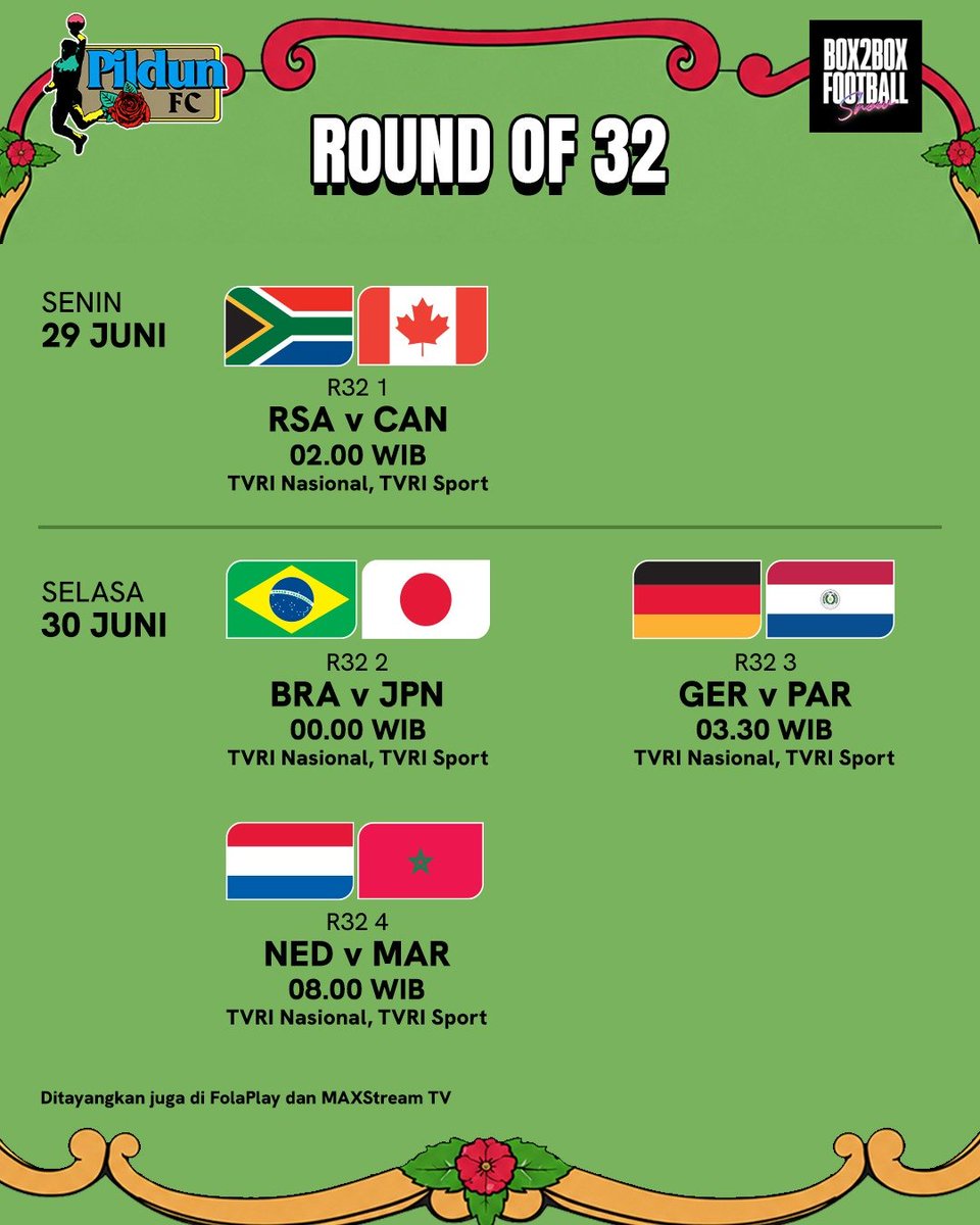 Box2BoxBola's tweet photo. Jadwal Babak 32 Besar Piala Dunia 2026 🏆

Bookmark postingan ini biar gak ada pertandingan yang kelewatan! 🔥

Repost dan share ke teman, tongkrongan, dan grup keluarga! 📲 https://t.co/CySBZR4X9R