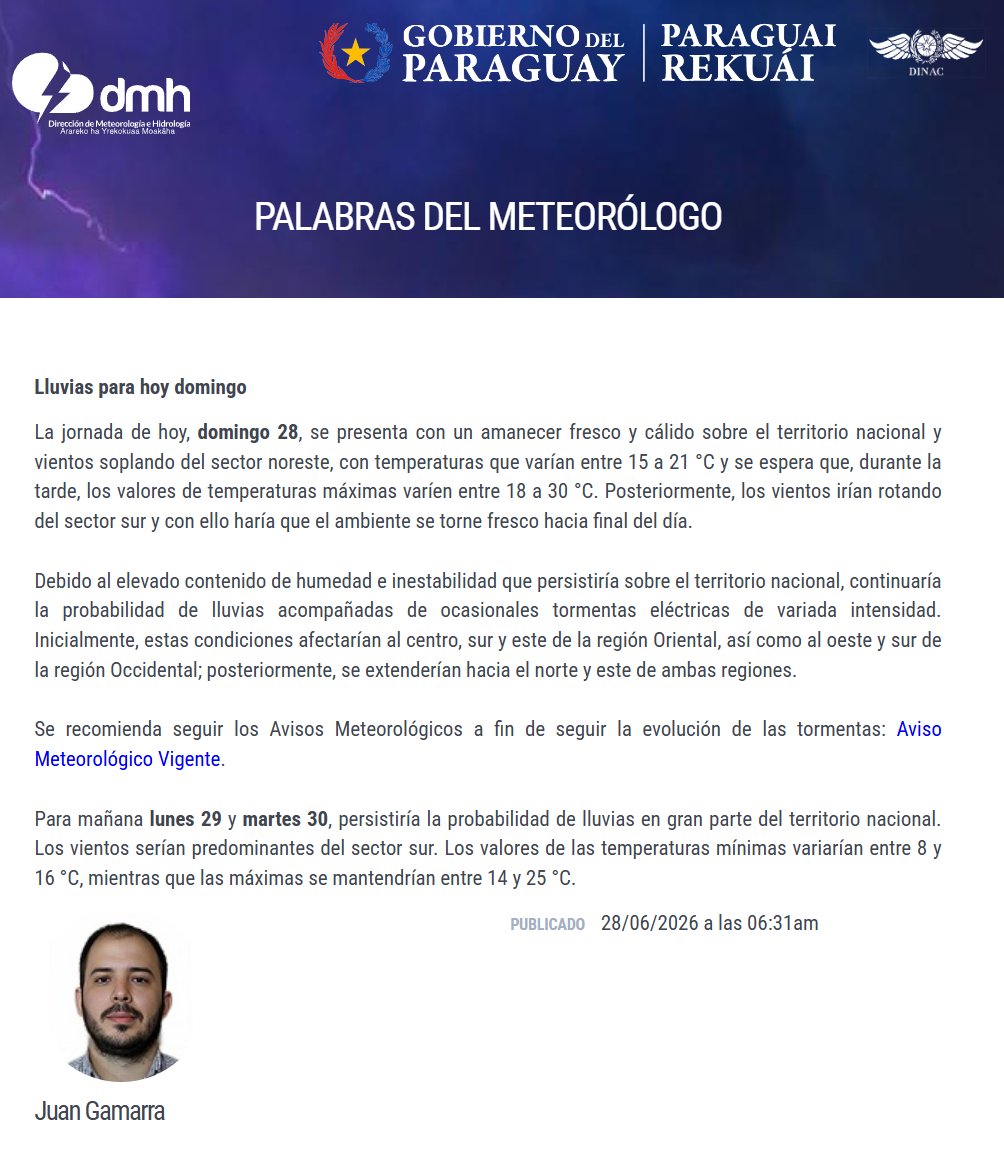 DMH_paraguay's tweet photo. Lluvias para hoy domingo.
Enlace: https://t.co/czRRuGojQl
Fecha: 28/06/2026
Hora: 06:33 h. https://t.co/g1jUyvuGNz