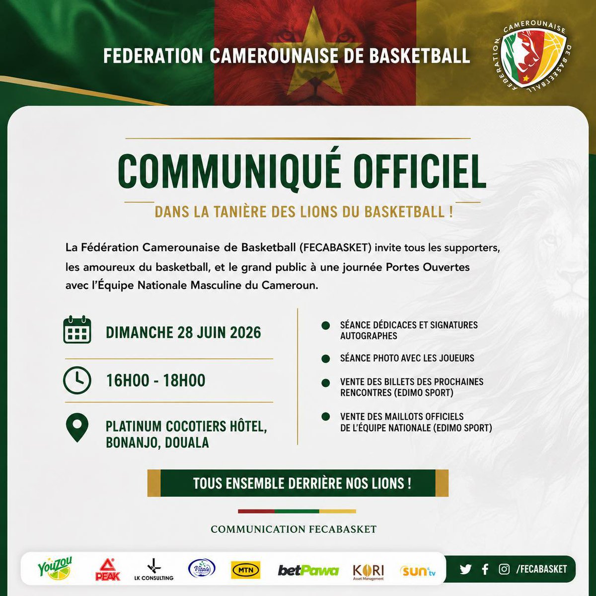Basket2372's tweet photo. La Fédération Camerounaise de Basketball convie le grand public à une journée Portes Ouvertes ce dimanche 28 juin à Douala. Les fans auront l'opportunité d'approcher de près les vedettes de la sélection fanion Messieurs. https://t.co/1uif68Duyf
