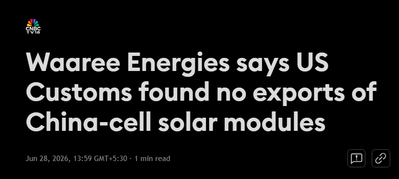 ArpitAgar_Aurum's tweet photo. 🚀 #WAAREEENER - stock ready to go up on Monday?

Waaree Energies Clears Major Hurdle! 

US Customs just confirmed: No exports of China-cell solar modules found. 

Big positive resolution to the earlier tariff evasion probe as this is the exact allegation that knocked down the stock ~5%.
