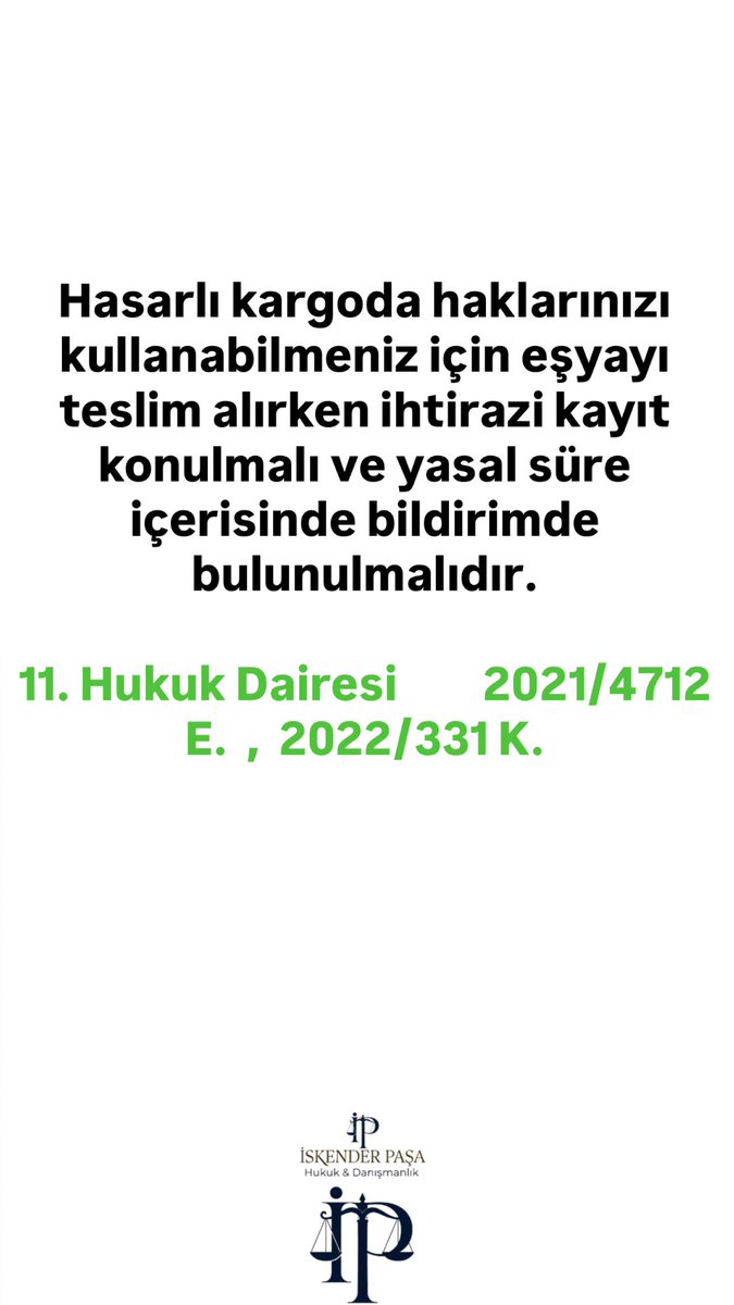 aviskenderoglu's tweet photo. Hasarlı Kargoyu alırken şerh düşün.
Hasarlı kargoda haklarınızı kullanabilmeniz için eşyayı teslim alırken ihtirazi kayıt konulmalı ve yasal süre içerisinde bildirimde bulunulmalıdır.
11. Hukuk Dairesi 2021/4712 E. , 2022/331 K.
#hasar #kargo #tüketici #ayıplı #mal #hizmet