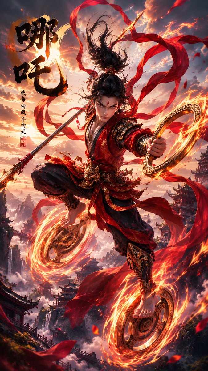 79mabest's tweet photo. 生个哪吒图片，同一个提示词，豆包这个费劲
先给提示词： 成年哪吒（18-22岁），英俊东方青年，五官凌厉，剑眉星目，眼神充满杀气，额头红色火焰印记，黑色长发高束发髻，发丝飞扬。 身穿暗红色与黑金相结合的中式神话战甲，上身穿完整战袍与护肩，金属纹理精致，不裸露上身，腰间金色兽首腰带，飘逸红色混天绫在空中飞舞。 右手持火焰缠绕的火尖枪，左手举起金色乾坤圈，脚踏一对燃烧中的风火轮，风火轮高速旋转，形成炽热火焰轨迹。 人物腾空飞跃，身体前倾，攻击姿态，充满力量感，镜头略微仰拍，突出英雄气势。 背景为神话仙宫与群山云海，夕阳与火烧云照亮天空，远处宫殿若隐若现，整体背景干净，不要复杂粒子，不要漫天火星，仅保留少量火焰流光。 整体色调红金黑，高级电影CG渲染，Unreal Engine 5，Octane Render，8K，PBR材质，真实布料，真实金属，高动态光照，体积光，电影级色彩，海报构图，人物占画面75%，主体突出，超清晰，锐利对焦，商业电影宣传海报。 Negative Prompt： 儿童脸、少年感、裸上身、过多粒子、烟雾遮挡、低清晰度、漫画风、二次元、Q版、夸张比例、文字、水印、Logo、模糊、噪点、过曝、低质量。  首图是 image2 生的 ，本来想试试豆包效果，结果一上来就说版权，说的自己多保护版权似的，一句话给它破防了，还把自己的话删除了，删的很快没留下截图。 结果给我这个图，最后一个是踩个车轮子莲台飞行呢？还收费呢，糊弄谁呢？#豆包 #ai模仿人类 #ai #破防
