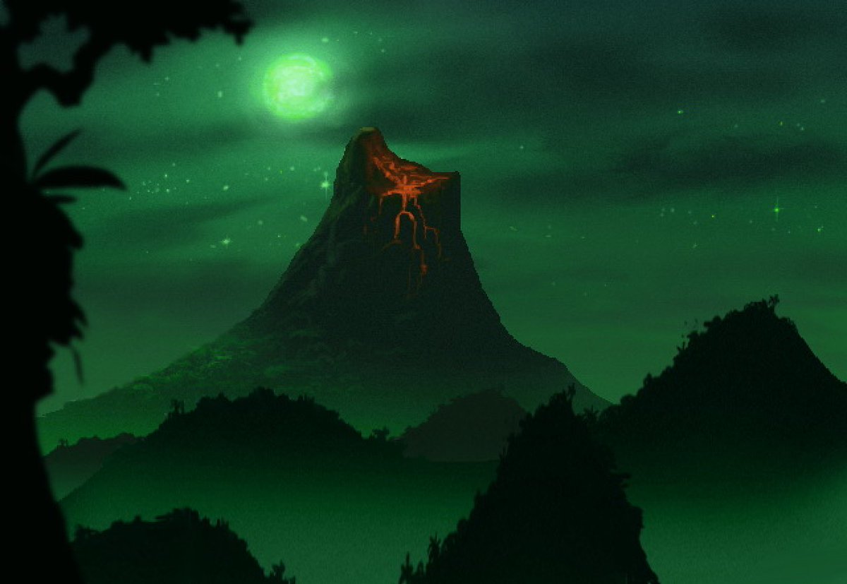 legendofmi's tweet photo. Early concept art of Blood Island by Bill Tiller.
He was inspired by a volcano projected onto the back wall inside the Mexican Pavilion before he began work on #MonkeyIsland 3.
Bill initially chose a green palette to give the game a distinctive look compared with MI1 and 2. https://t.co/dE9PDtvCDo