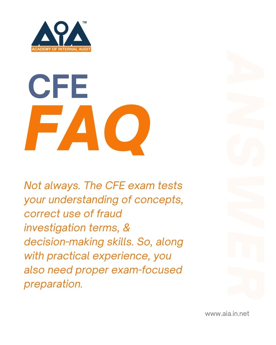 AcademyAudit's tweet photo. It's one of the most common questions we hear.
That's exactly why AIA's FAQ Series exists - to answer the real questions CFE aspirants have before they begin their certification journey.

#CFECertification #FraudExamination #FraudInvestigation #ACFE #FraudRisk #ForensicAccounting https://t.co/sNwpzXy2uj