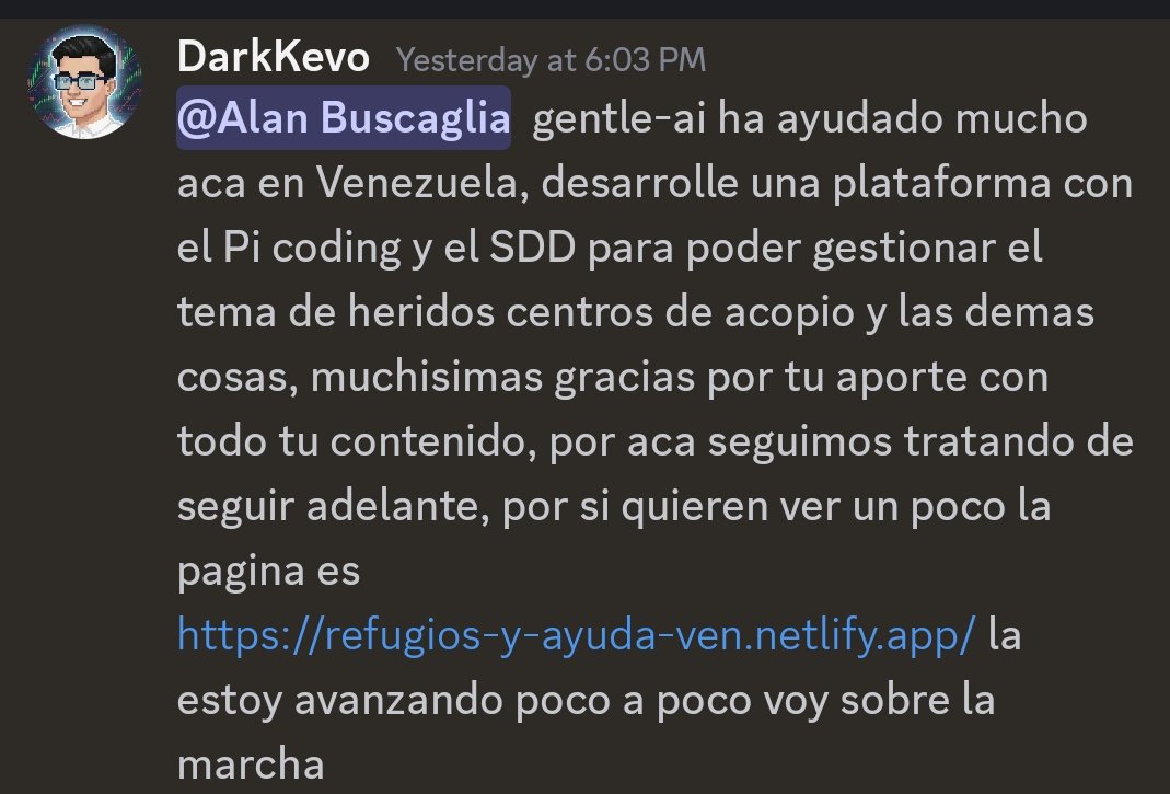G_Programming's tweet photo. El mejor mensaje que recibí esta semana no tenía nada que ver con benchmarks ni con releases.

Un dev de la comunidad, en Venezuela, me escribió para contarme que usó gentle-ai, gentle-pi y un flujo de spec-driven development para construir una plataforma que ayuda a gestionar heridos, centros de acopio y ayuda humanitaria en medio de una situación durísima.

La armó él. Sobre la marcha. Con herramientas open source que comparto gratis.

Y acá está lo que me paró en seco:

Llevo semanas posteando sobre gobernanza, export controls, modelos demasiado capaces, el Estado metiendo la mano. Todo eso importa. Pero este mensaje me recordó para QUÉ hacemos todo esto.

La IA no construyó esa plataforma. ÉL la construyó. La IA ejecutó, pero la decisión de usar la tecnología para ayudar a su gente, y el criterio para saber qué pedir y por qué, fue 100% humano. Eso es Tony Stark con Jarvis llevado al lugar donde más importa.

Yo no enseño a usar IA para que armes otra to-do app. Enseño para que, el día que tu comunidad te necesite, tengas la herramienta Y el criterio para construir algo que importe de verdad.

Eso no me lo paga ningún sponsor. Eso vale más que cualquier métrica.

A vos, que armaste eso solo y a pulmón: gracias. Seguí.

https://t.co/D3SYGt4hOG