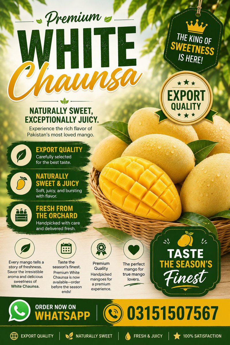 Sumiya_Naeem's tweet photo. Experience the true taste of Pakistan with our Premium White Chaunsa.

Every mango is handpicked to deliver exceptional sweetness, rich aroma, and export-quality freshness.

#multanimangoes #exportquality https://t.co/e5XMqpElqa