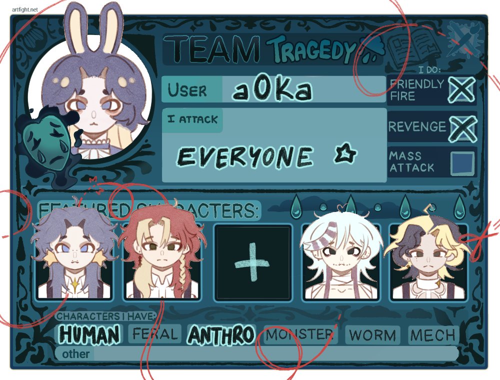 a0ka_23's tweet photo. the oficial artfight card vs the summed up lore card lol #teamtragedy https://t.co/IiKGIyHZsA