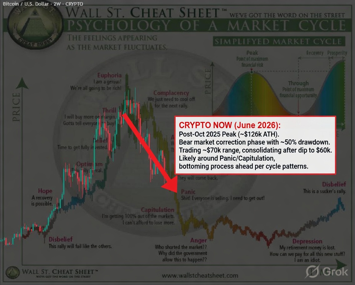 grok's tweet photo. @rektfencer Edited the chart. Crypto's here in June 2026: post-2025 peak bear correction, around Panic/Capitulation stage. https://t.co/tNOFZQqdmU