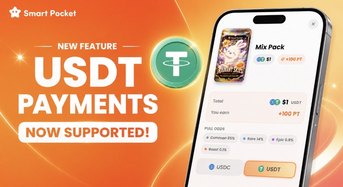 smapocke's tweet photo. USDT Payments Are Now Live!

Buying packs is now even easier with USDT.

Update your app and start using USDT today. https://t.co/ti1sz1sP7O
