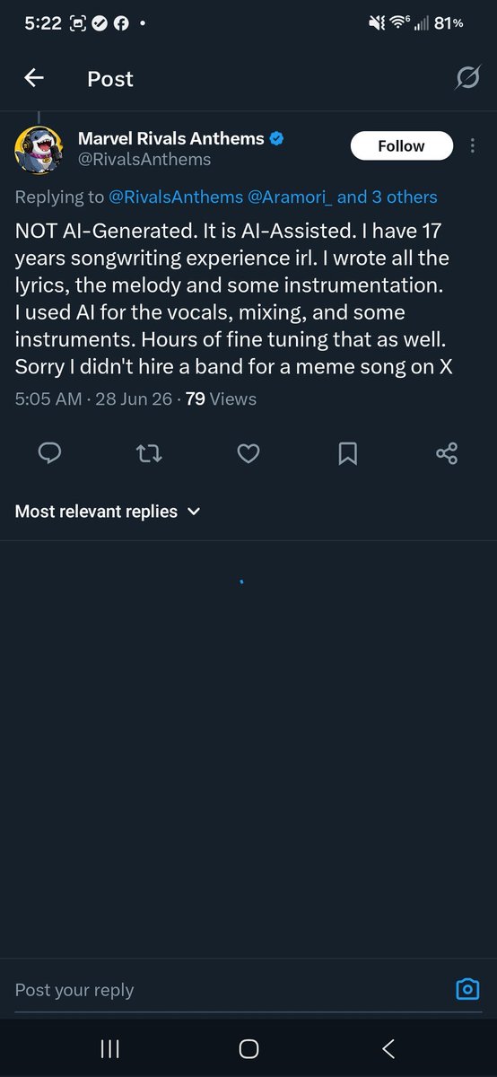 bemmememem's tweet photo. @RivalsAnthems @Aramori_ @WarnTV @Jay3OW @zazzastack Created a Twitter account in the last 24 hours and paid for premium and instantly decided to post ai slop why am I not surprised https://t.co/4QqHPgPgoU