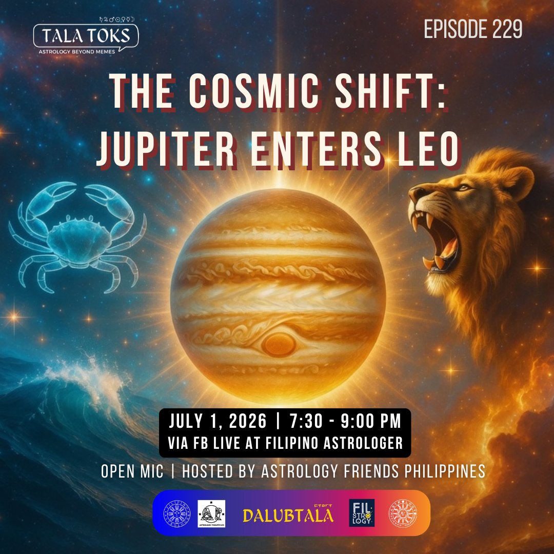 FilipinoAstro's tweet photo. Are you ready for a major shift in the cosmic weather? After a year of swimming through the deep, emotional waters of Cancer, Jupiter—the planet of expansion, wisdom, and abundance—is officially stepping into the vibrant, showstopping sign of Leo.
This once-in-a-12-year transit is shifting the collective energy away from behind-the-scenes nesting and throwing us straight into the spotlight. Jupiter in Leo is a cosmic green light for bold creativity, leadership breakthroughs, and unapologetic self-expression. But what does this mean for your personal chart?
Join the members of Astrology Friends Philippines as we break down the mundane and personal implications of this heavyweight transit. We will decipher how this fiery shift impacts the collective and give you a detailed breakdown of what to expect based on your specific Ascendant sign. Bring your charts, drop your questions in the live chat, and let’s talk stars!