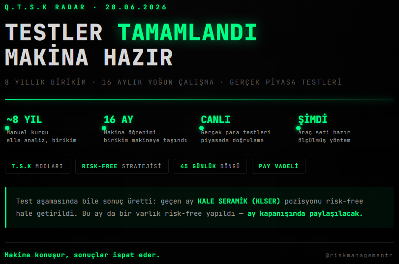 riskmanagementr's tweet photo. Q.T.S.K RADAR | 28.06.2026

Makina'nın testleri, planladığımızdan erken 
tamamlandı.

Öngörümüz 8. aydı — testler ondan önce, 
hedeflediğimiz verimliliğe çok yakın bir noktada 
kapandı. https://t.co/MuVqPVZcdt