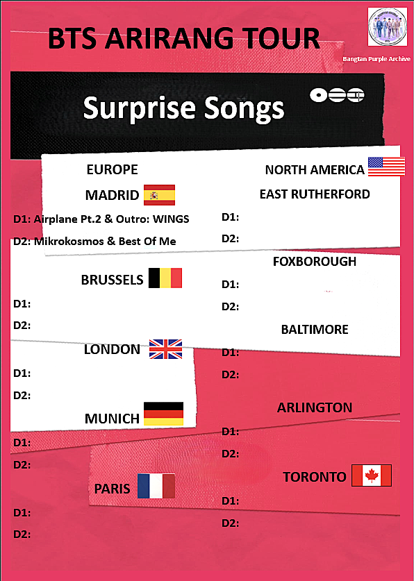 archive_purple's tweet photo. The European leg of the tour has started Spain is a wrap with both days in Madrid sold out!
on these 2 day we had surprise songs
D1: Airplane pt 2 & Outro: Wings
D2: Mikrokosmos & Best of Me
Next up we have Belgium on the 1st and 2nd of July
in Brussels at the KING BAUDOUIN STADIUM. 
https://t.co/v1wA6LmhZS
07/01 –  BTS Tour ‘Arirang’, Brussels, D1 8pm Brussels time (07/02 3am KST)

07/02 –  BTS Tour ‘Arirang’, Brussels, D2 8pm Brussels time (07/03 3am KST)

#방탄소년단 #BTS #BTS_WORLDTOUR_ARIRANG #BTS_WORLDTOUR_ARIRANG_EUROPE #BTS_WORLDTOUR_ARIRANG_MADRID
#BTS_WORLDTOUR_ARIRANG_BRUSSELS