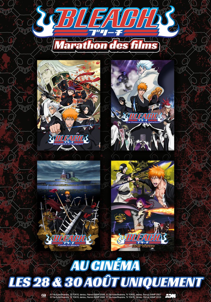 ADNanime's tweet photo. 🍿 BLEACH AU CINÉMA 🍿

BAN-KAI!

ADN vous donne rendez-vous au ciné les 28 &amp; 30 août pour un marathon des 4 films BLEACH 🔥

Il y aura des séances dans les 2 langues, VO &amp; VF !

QUI SERA LÀ ?! 🙌 https://t.co/lD8iZvLxs2