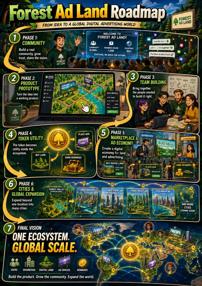 forestlandlc's tweet photo. Forest Ad Land Roadmap 🌲🌍

Build the community
Improve the product prototype
Build the team
Connect token utility
Launch digital land + ad economy
Expand into cities
Move toward a global map of land, ads, users and businesses

This is not a short-term hype project.

The token is only the connection point.

The real goal is to build a product where digital land, advertising spaces, cities, businesses and users can all exist inside one ecosystem.

Step by step.

Build the product.
Grow the community.
Expand the world.

#ForestAdLand #BuildInPublic #Web3 #Solana #PumpFun