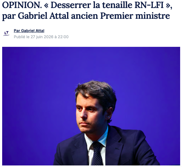 cyprien_ronze's tweet photo. 🇫🇷🇪🇺 "Mélenchon est le nouveau Trump français ; le RN est toujours prêt à relayer la propagande anti-Ukraine"

Dans une tribune publiée dans @LaTribune Dimanche, @GabrielAttal sonne le tocsin face à la menace du "pacte nationalo-insoumis".
Le RN et Mélenchon sont les deux faces d'une même pièce : malgré leurs divergences apparentes, ils sont sur la même ligne en matière de relations internationales, s'opposant aux alliances qui font notre force - OTAN, UE - au profit des régimes autoritaires.

Le RN relaye constamment la propagande pro-russe, s'est opposé au prêt européen de 90 Md€, refuse l'intégration de l'Ukraine dans l'UE et considère que Poutine n'est pas un dictateur.

Mélenchon, "stratège du chaos" à l'instar de Trump, est aligné sur Pékin, appelle à plus de coopération avec la Chine, ne reconnait pas le droit à l'existence de Taïwan et ne condamne jamais les crimes contre l'humanité du PCC.
Il considère que l'Ukraine ne peut pas gagner la guerre, et s'oppose aux frappes dans la profondeur du territoire russe.

Face au danger de la "tenaille RN-LFI", il ne suffira pas d'appeler au barrage républicain.
L'enjeu de la prochaine présidentielle sera de proposer un projet radicalement nouveau et d'entendre la colère populaire face à un système à bout de souffle.

👉 https://t.co/l100SzKhFr