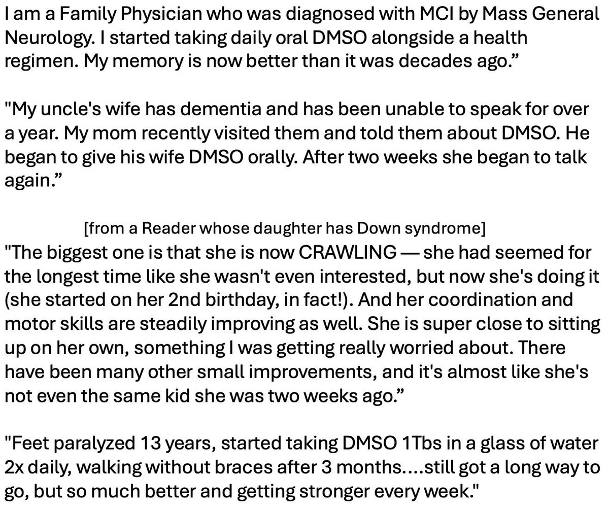MidwesternDoc's tweet photo. Since publishing this series, I've received over 7,000 reports from readers of DMSO curing a wide range of "incurable disease" including hundreds of reports of DMSO helping neurological conditions readers had struggled with for years. All of these can be read here: 
https://t.co/Alj7X8kfqi