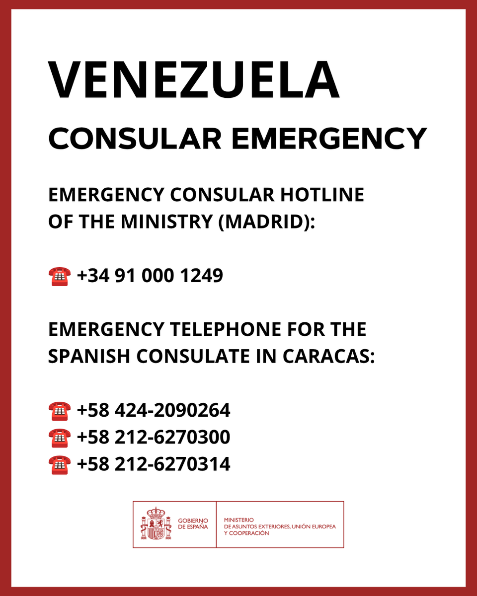 SpainMFA's tweet photo. 🔴 Update: Venezuela | Information for Spanish nationals in the country

Our embassy in Venezuela (@EmbEspVenezuela) and our consulate in Caracas (@ConsEspCaracas) are operational &amp; updating information through their official channels and social media.

Emergency contact numbers: https://t.co/8o9h85Vlc2