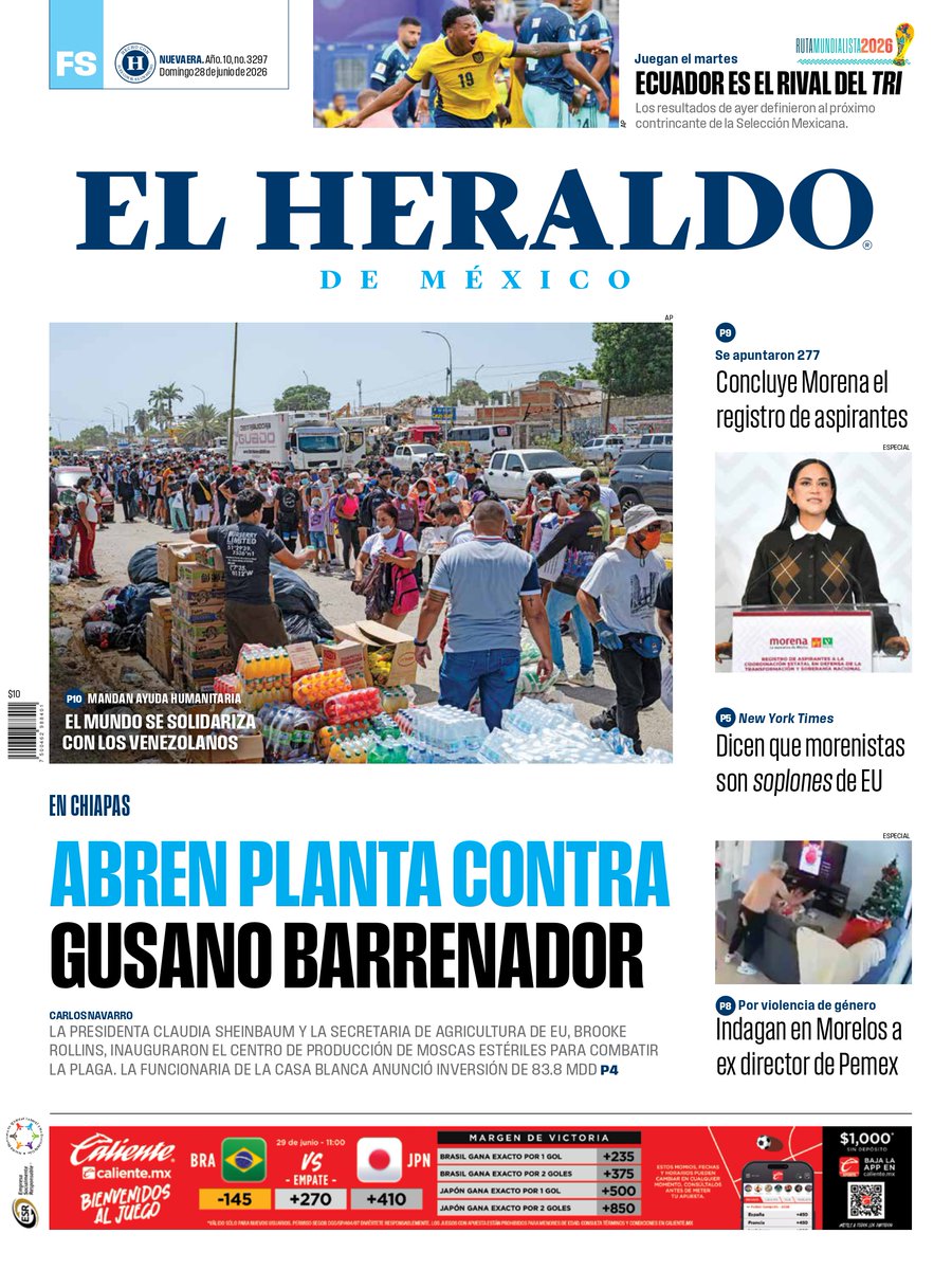 heraldodemexico's tweet photo. #EnPortada de El Heraldo de México:
 
🔵 En Chiapas abren planta contra gusano barrenador
🔵 El mundo se solidariza con los venezolanos
🔵 Indagan en Morelos a ex director de Pemex 

➡️ https://t.co/i3hvsmtCbD https://t.co/XAZRo2Q1bv