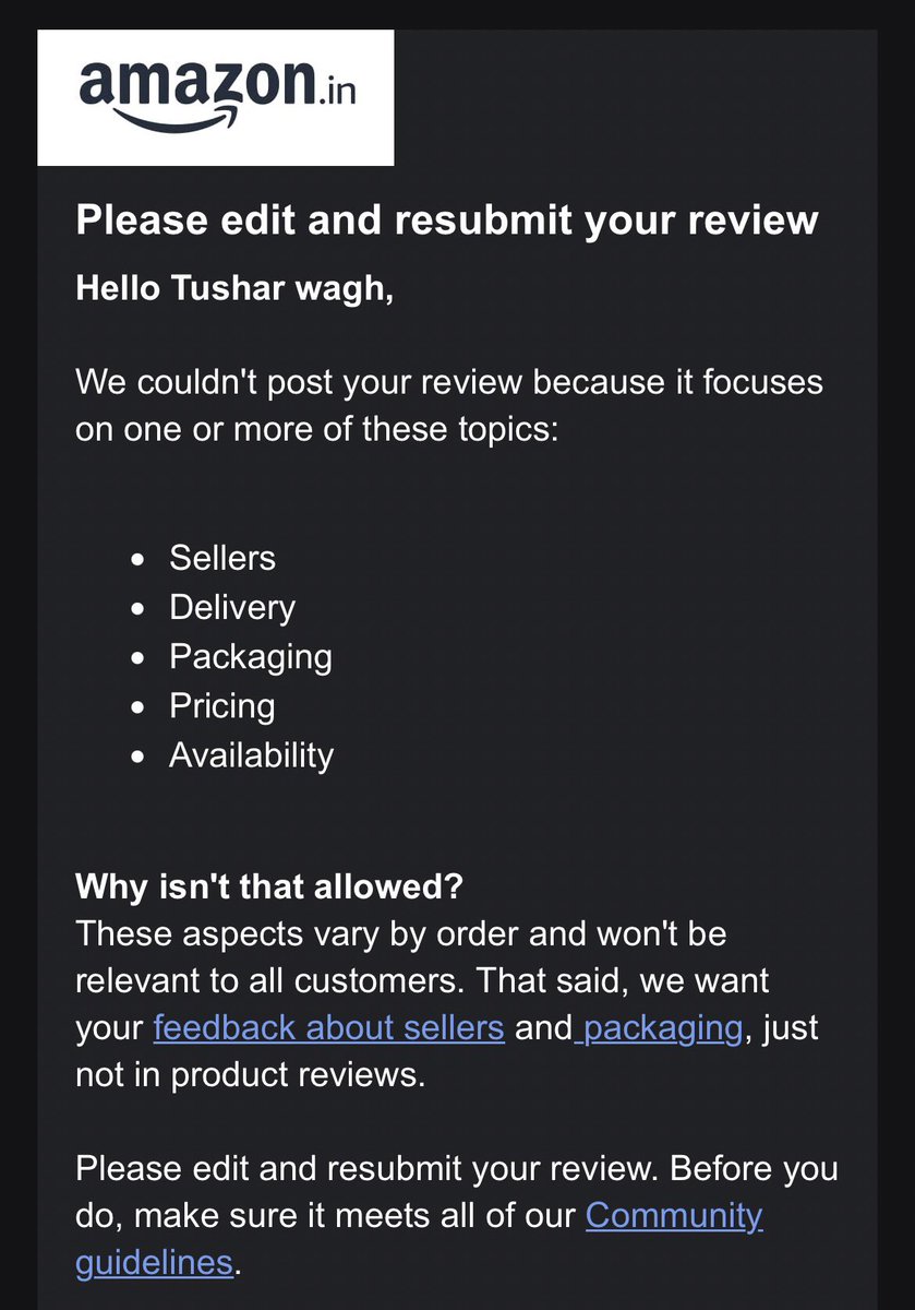 tusharrwagh's tweet photo. Wowww @amazonIN so there is noo freedom of speech?
That’s why there is less negative reviews on your products .
#amazonin #customer https://t.co/XBOraDpGab