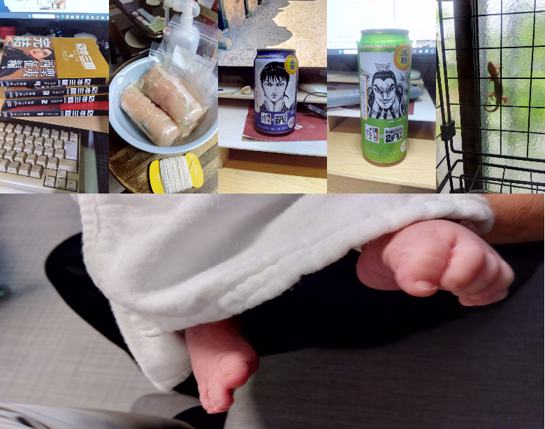 danna123jp's tweet photo. 今週もお疲れ様でした。(-.-)
・この漫画借りたけど面白い…
・本格的に鶏胸肉(シソ+梅巻き)ハム作り
・キングダムも面白い(美味しい?!)…
・今朝ヤモリ出没(おそらく朝食のための捕食中?!)
・6月27日 孫誕生(足だけ?!)　!(^^)!
#日本三國 #鶏胸肉 #キングダム #ヤモリ #孫 https://t.co/A2D8WsaE44